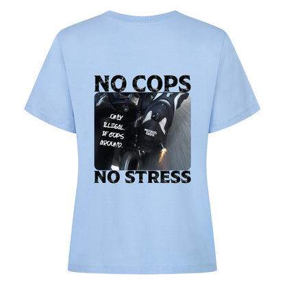 Mazares Damen Biker T-Shirt mit „No Cops No Stress“ Schriftzug auf der Brust. Femininer Schnitt mit bequemem Tragegefühl und minimalistischer Biker-Typografie.