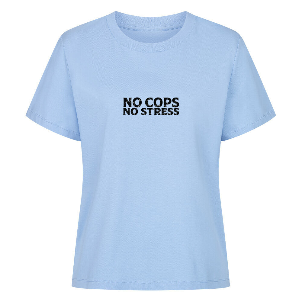 Mazares Damen Biker T-Shirt mit „No Cops No Stress“ Schriftzug auf der Brust. Femininer Schnitt mit bequemem Tragegefühl und minimalistischer Biker-Typografie.