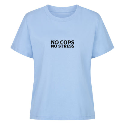 Mazares Damen Biker T-Shirt mit „No Cops No Stress“ Schriftzug auf der Brust. Femininer Schnitt mit bequemem Tragegefühl und minimalistischer Biker-Typografie.
