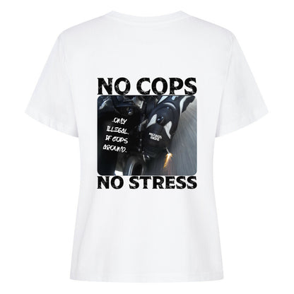 Mazares Damen Biker T-Shirt mit „No Cops No Stress“ Schriftzug auf der Brust. Femininer Schnitt mit bequemem Tragegefühl und minimalistischer Biker-Typografie.