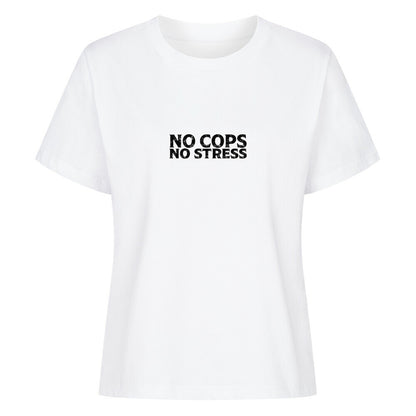 Mazares Damen Biker T-Shirt mit „No Cops No Stress“ Schriftzug auf der Brust. Femininer Schnitt mit bequemem Tragegefühl und minimalistischer Biker-Typografie.