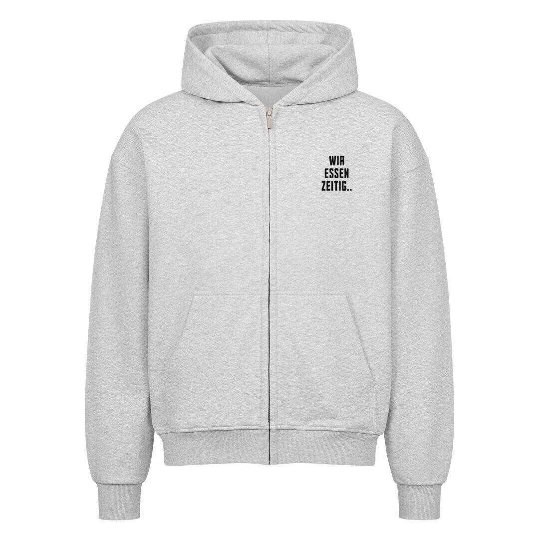 Heather Grey Zipper Hoodie mit großem Rückenprint „Sorry, wir essen zeitig“ und kleinem Brustprint im minimalistischen Mazares Racing Design.