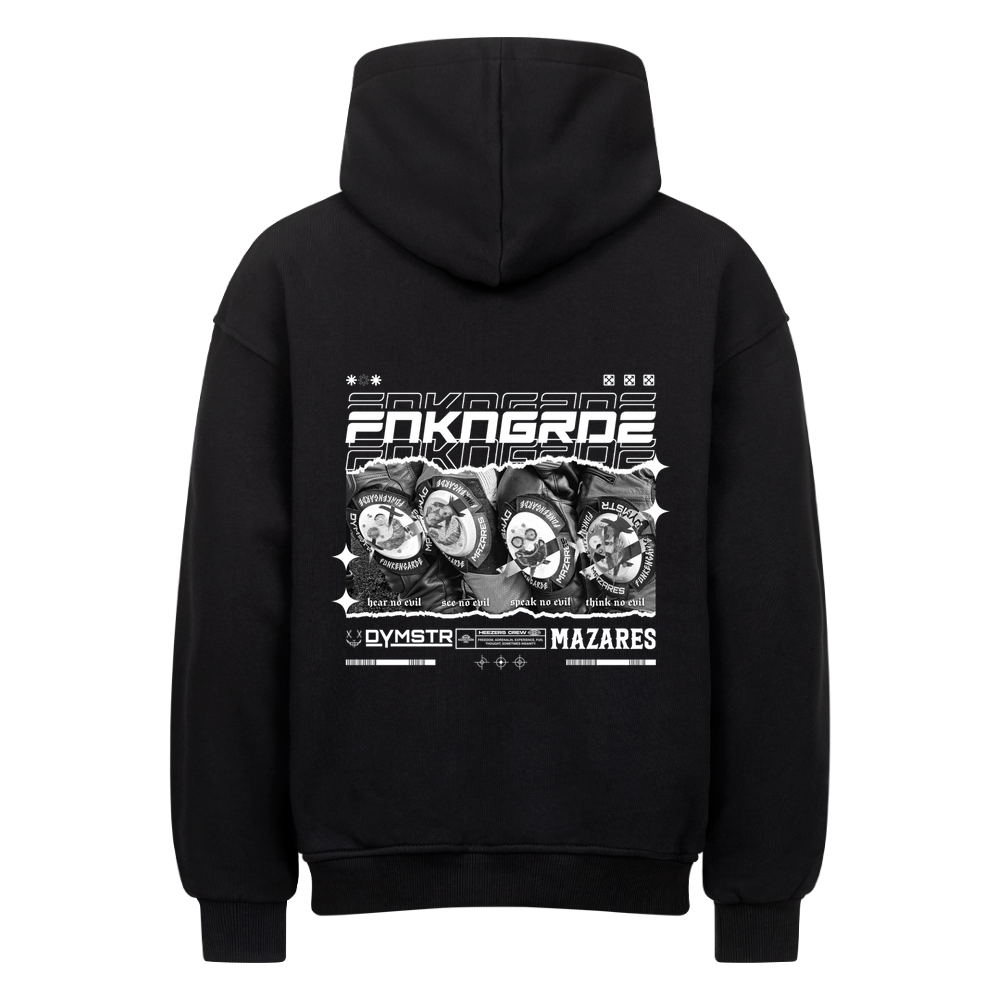 Biker Streetwear mit Backprint Funkenknieschleifern in Racingoptik und stilistisch angedeutet die drei Affen. Oversized Motorrad Hoodie von Mazares mit 380 gsm in schwarz.