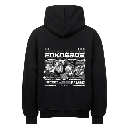 Biker Streetwear mit Backprint Funkenknieschleifern in Racingoptik und stilistisch angedeutet die drei Affen. Oversized Motorrad Hoodie von Mazares mit 380 gsm in schwarz.