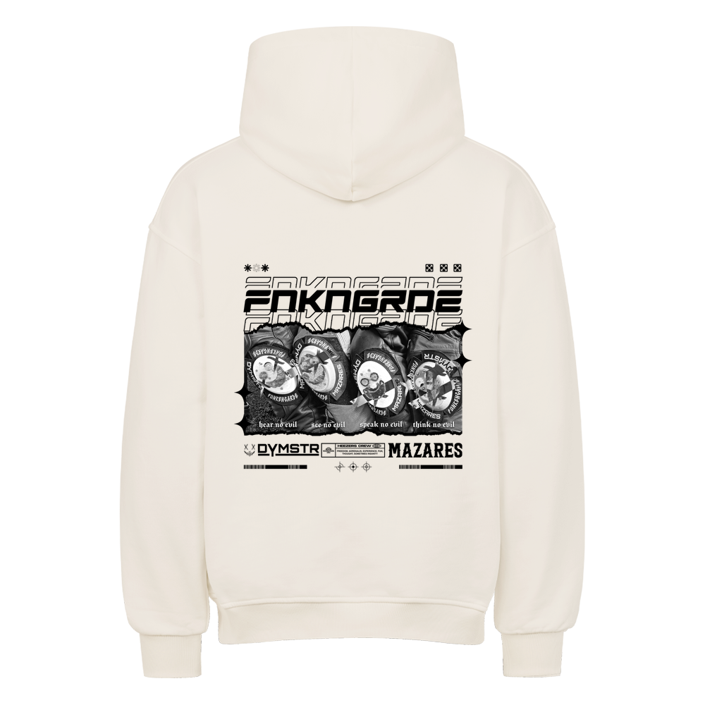 Biker Streetwear mit Backprint Funkenknieschleifern in Racingoptik und stilistisch angedeutet die drei Affen. Oversized Motorrad Hoodie von Mazares mit 380 gsm in natural raw.