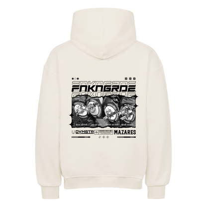 Biker Streetwear mit Backprint Funkenknieschleifern in Racingoptik und stilistisch angedeutet die drei Affen. Oversized Motorrad Hoodie von Mazares mit 380 gsm in natural raw.