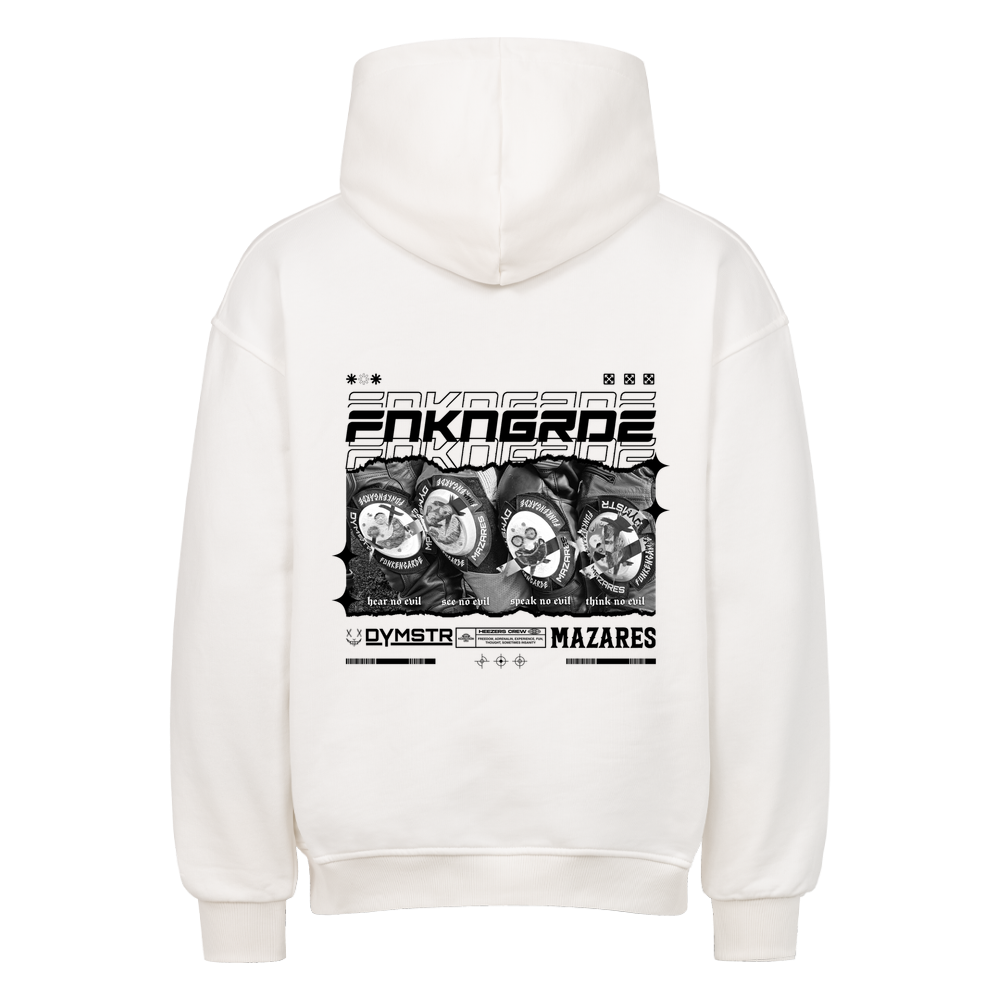 Biker Streetwear mit Backprint Funkenknieschleifern in Racingoptik und stilistisch angedeutet die drei Affen. Oversized Motorrad Hoodie von Mazares mit 380 gsm in weiss.