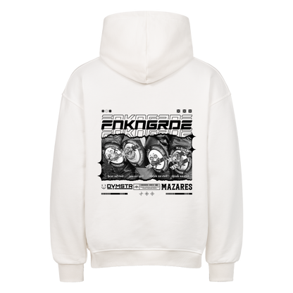 Biker Streetwear mit Backprint Funkenknieschleifern in Racingoptik und stilistisch angedeutet die drei Affen. Oversized Motorrad Hoodie von Mazares mit 380 gsm in weiss.