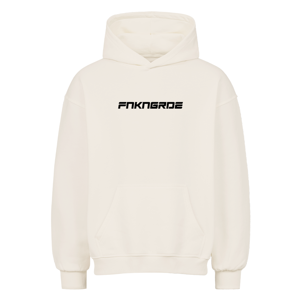 Stylischer Frontprint in Racingoptik der Funkengarde ohne Vokale. Oversized motorrad Hoodie von Mazares mit 380 gsm in natural raw.