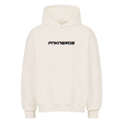 Stylischer Frontprint in Racingoptik der Funkengarde ohne Vokale. Oversized motorrad Hoodie von Mazares mit 380 gsm in natural raw.