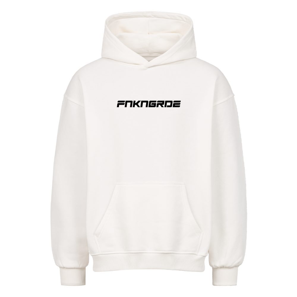 Stylischer Frontprint in Racingoptik der Funkengarde ohne Vokale. Oversized motorrad Hoodie von Mazares mit 380 gsm in weiß.