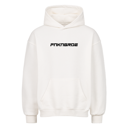 Stylischer Frontprint in Racingoptik der Funkengarde ohne Vokale. Oversized motorrad Hoodie von Mazares mit 380 gsm in weiß.
