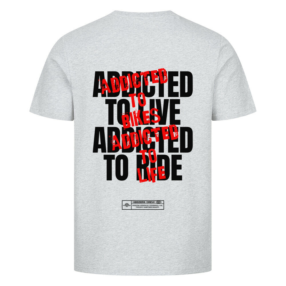 Ride Addicted Herren T-Shirt mit großem typografischem Rückenprint. Das Design vereint die Leidenschaft für Motorräder, das Fahren und das Lebensgefühl auf zwei Rädern. Motorradbekleidung und Biker Streetwear von Mazares Racing. heather grey