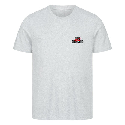 Klassisches Motorrad T-Shirt aus 100 % Baumwolle mit dezentem Ride Addicted Brustprint. Hochwertiges 180 GSM Herren-Shirt im Regular Fit für Motorradfahrer und Biker von Mazares Racing. heather grey
