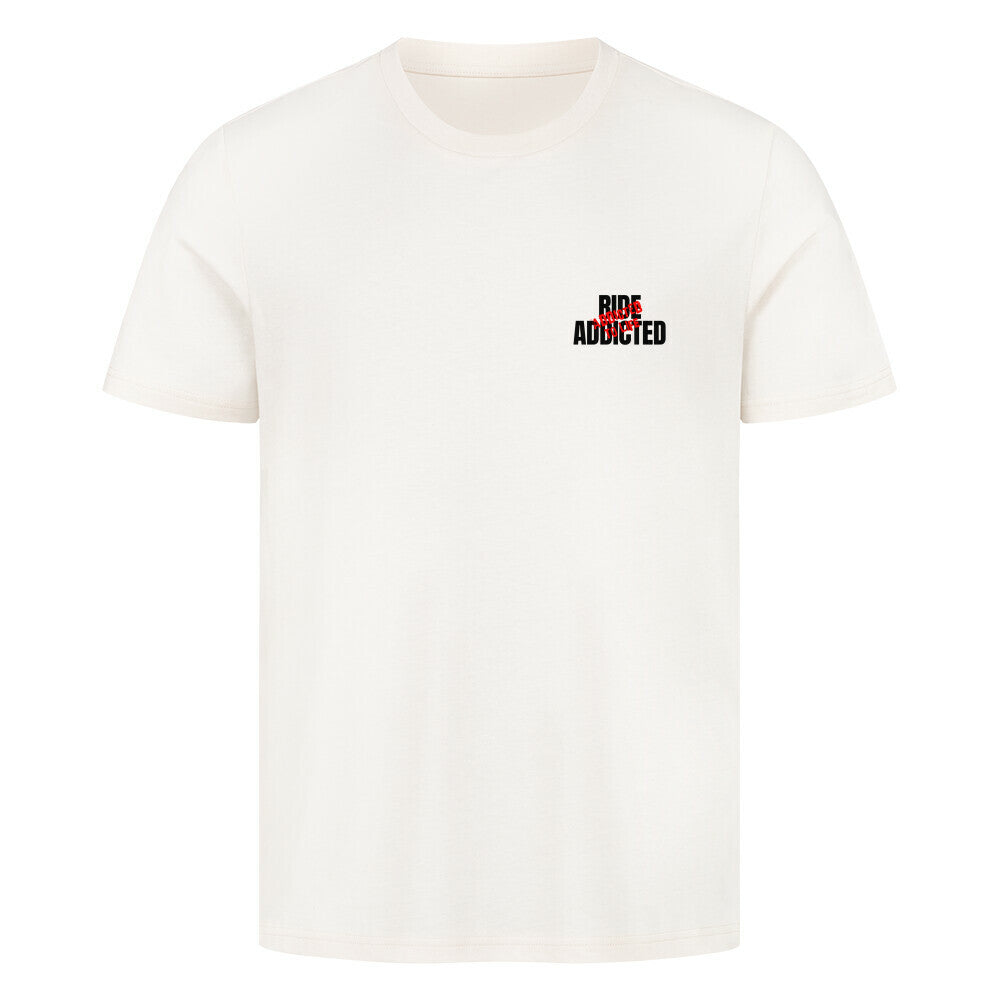 Klassisches Motorrad T-Shirt aus 100 % Baumwolle mit dezentem Ride Addicted Brustprint. Hochwertiges 180 GSM Herren-Shirt im Regular Fit für Motorradfahrer und Biker von Mazares Racing. natural raw