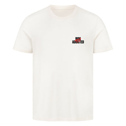 Klassisches Motorrad T-Shirt aus 100 % Baumwolle mit dezentem Ride Addicted Brustprint. Hochwertiges 180 GSM Herren-Shirt im Regular Fit für Motorradfahrer und Biker von Mazares Racing. natural raw