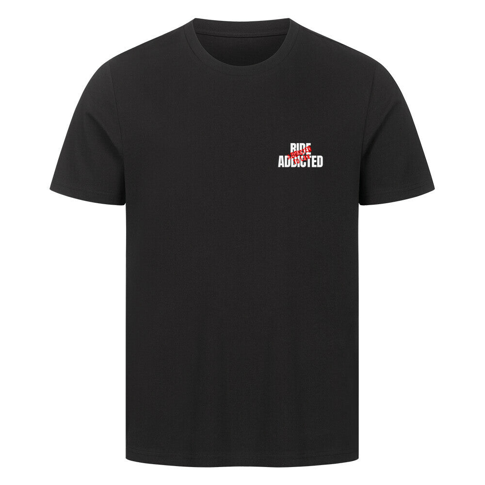 Klassisches Motorrad T-Shirt aus 100 % Baumwolle mit dezentem Ride Addicted Brustprint. Hochwertiges 180 GSM Herren-Shirt im Regular Fit für Motorradfahrer und Biker von Mazares Racing. schwarz