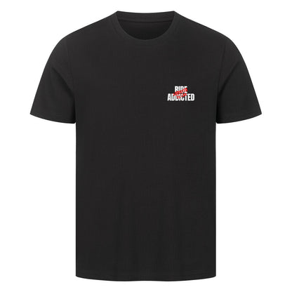 Klassisches Motorrad T-Shirt aus 100 % Baumwolle mit dezentem Ride Addicted Brustprint. Hochwertiges 180 GSM Herren-Shirt im Regular Fit für Motorradfahrer und Biker von Mazares Racing. schwarz