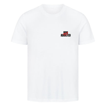 Klassisches Motorrad T-Shirt aus 100 % Baumwolle mit dezentem Ride Addicted Brustprint. Hochwertiges 180 GSM Herren-Shirt im Regular Fit für Motorradfahrer und Biker von Mazares Racing. weiß
