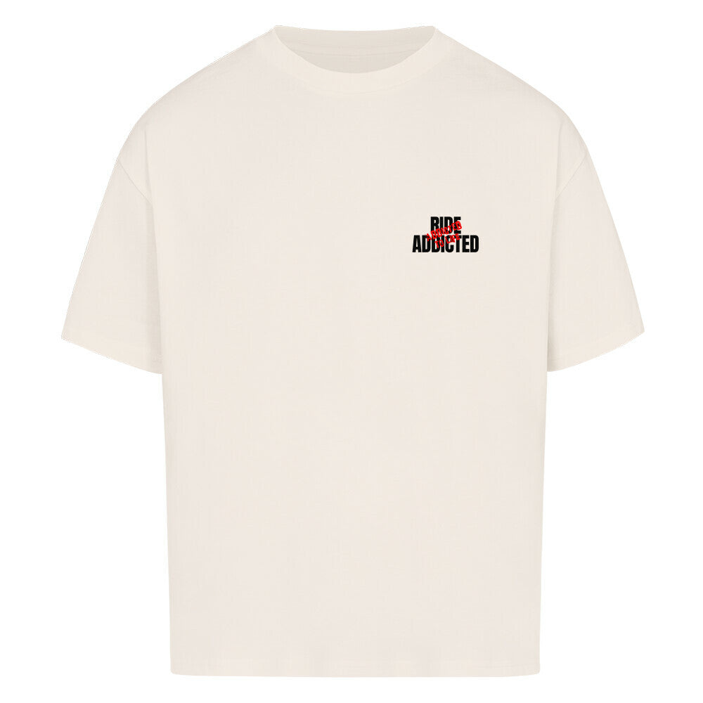 Oversized Motorrad T-Shirt mit kleinem Ride Addicted Brustprint. Schweres 240 GSM Baumwollshirt mit lässigem Oversized Fit und Dropped Shoulders für Motorradfahrer und Biker. natural raw