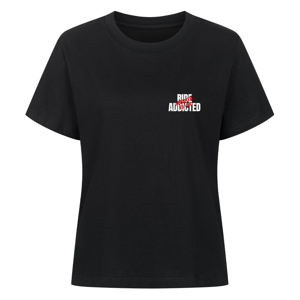 Damen Motorrad T-Shirt aus 100 % gekämmter ringgesponnener Bio-Baumwolle mit dezentem Ride Addicted Brustprint. Hochwertiges 180 GSM Shirt für Motorradfahrerinnen mit angenehmem Tragekomfort. schwarz