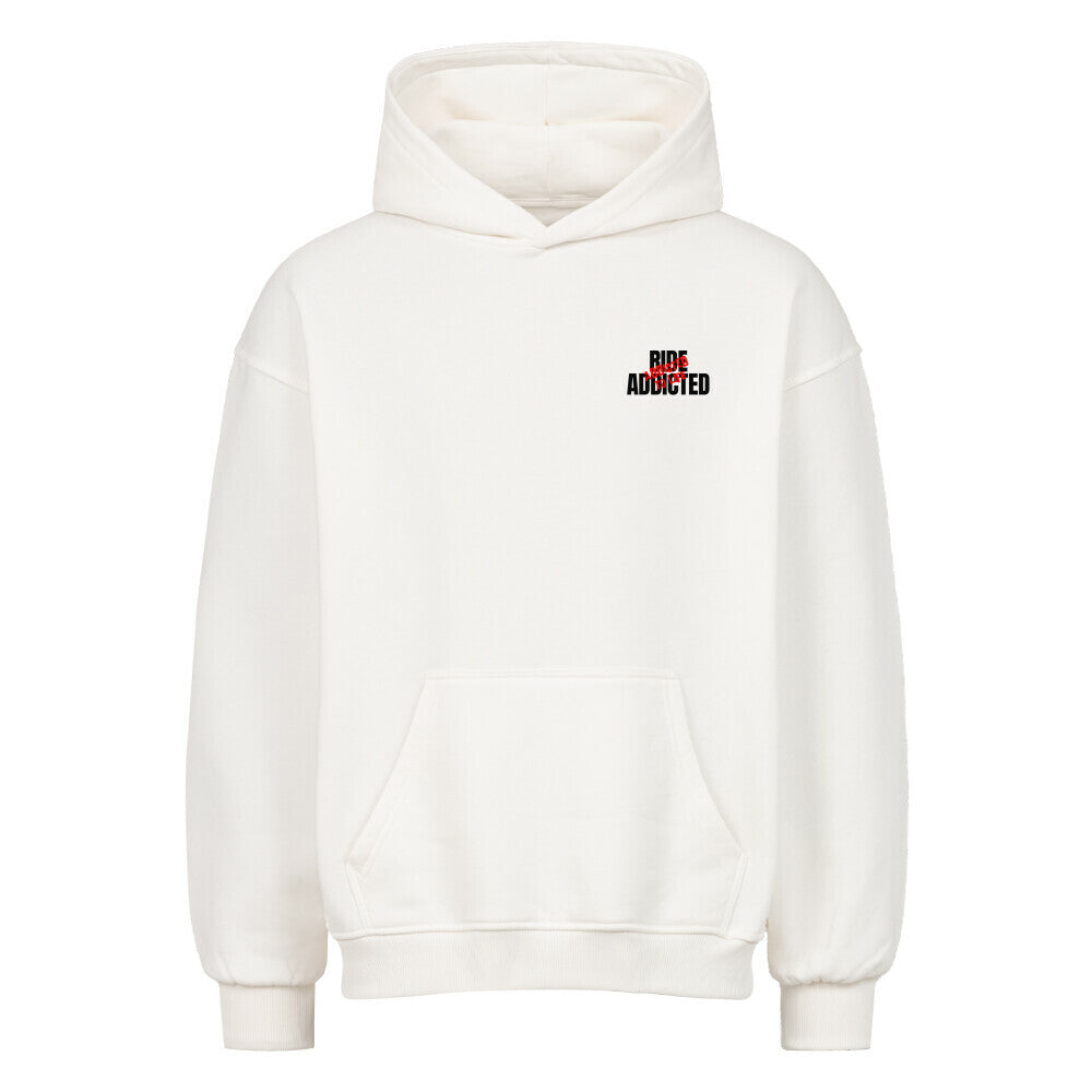Oversized Motorrad Hoodie mit dezentem Ride Addicted Brustprint. Schwerer 380 GSM Premium Hoodie mit lässigem Oversized Fit und Dropped Shoulders für Motorradfahrer und Biker. weiß