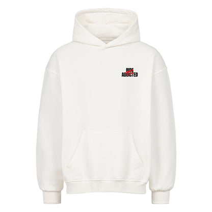Oversized Motorrad Hoodie mit dezentem Ride Addicted Brustprint. Schwerer 380 GSM Premium Hoodie mit lässigem Oversized Fit und Dropped Shoulders für Motorradfahrer und Biker. weiß