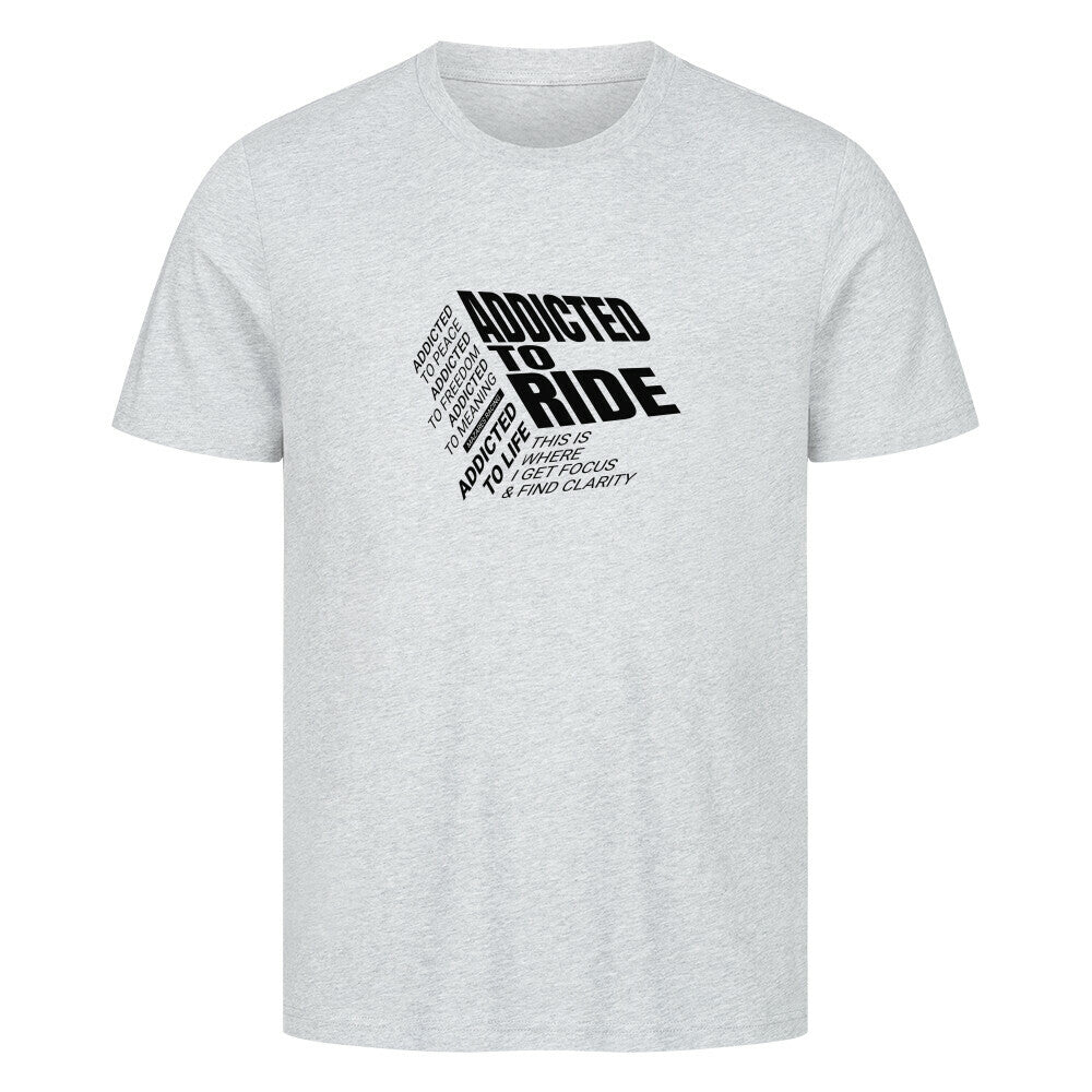 Klassisches Motorrad T-Shirt aus 100 % Baumwolle mit typografischem Ride Addicted Frontprint. Hochwertiges 180 GSM Shirt für Motorradfahrer mit bequemem Regular Fit und markantem Design von Mazares Racing. heather grey