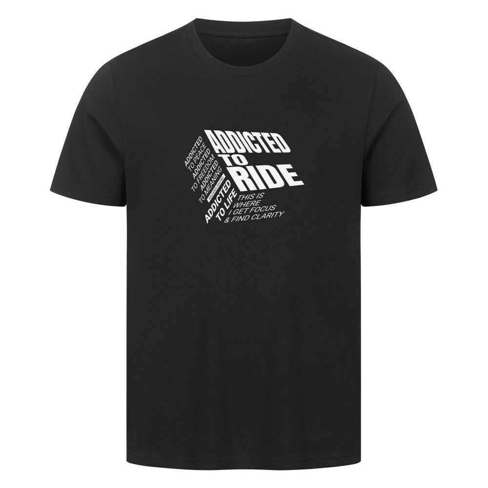 Klassisches Motorrad T-Shirt aus 100 % Baumwolle mit typografischem Ride Addicted Frontprint. Hochwertiges 180 GSM Shirt für Motorradfahrer mit bequemem Regular Fit und markantem Design von Mazares Racing. schwarz