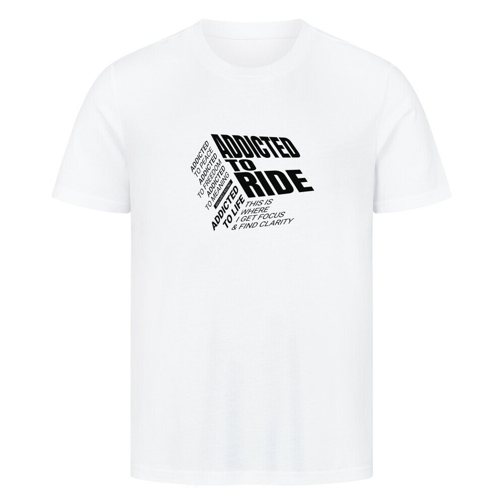 Klassisches Motorrad T-Shirt aus 100 % Baumwolle mit typografischem Ride Addicted Frontprint. Hochwertiges 180 GSM Shirt für Motorradfahrer mit bequemem Regular Fit und markantem Design von Mazares Racing. weiß