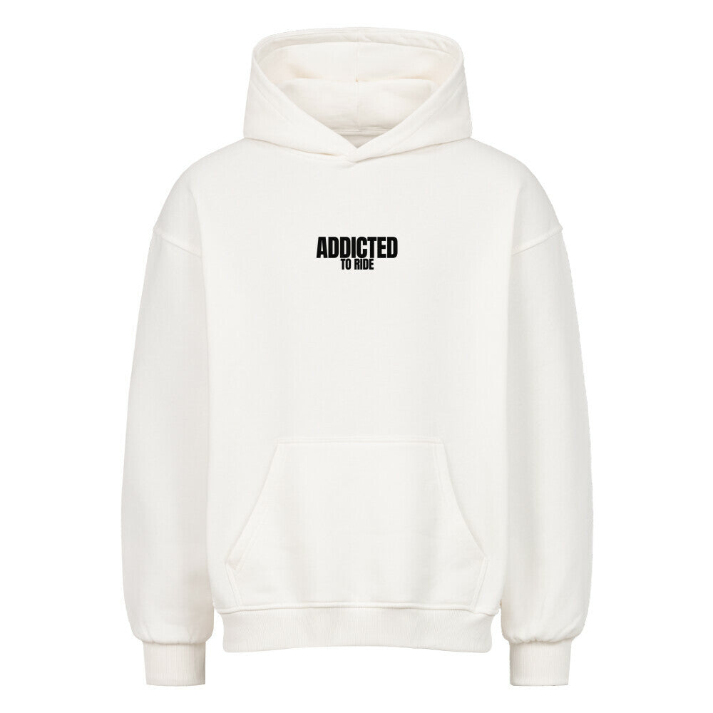 Oversized Motorrad Hoodie mit dezentem RIDE ADDICTED Frontprint auf der Brust. Schwerer 380 GSM Premium Hoodie mit lässigem Oversized Fit und Dropped Shoulders von Mazares Racing.