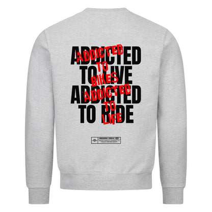 Ride Addicted Herren Sweatshirt von Mazares Racing mit großem typografischen Backprint "Addicted To Ride – Addicted To Life" und kleinem Ride Addicted Brustprint. Klassisches Sweatshirt mit normaler Passform aus innen gebürsteter Baumwollmischung – ideal für Motorradfahrer und Biker im Alltag sowie nach der Tour. heather grey