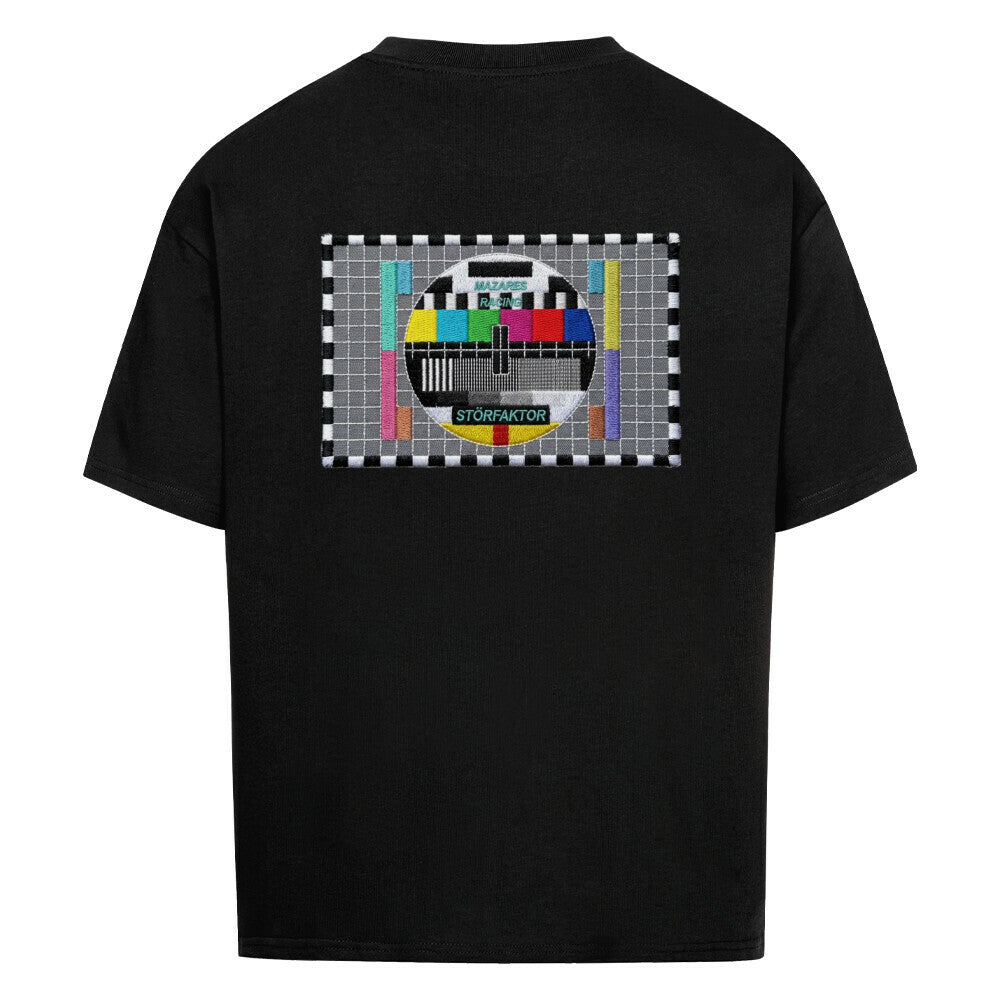 Schwarzes STÖRFAKTOR Oversized Motorrad T-Shirt mit großem Testbild-Rückenprint. Schweres Biker Shirt aus 100 % Baumwolle mit Streetwear-Charakter für Motorradfahrer und Schrauber.