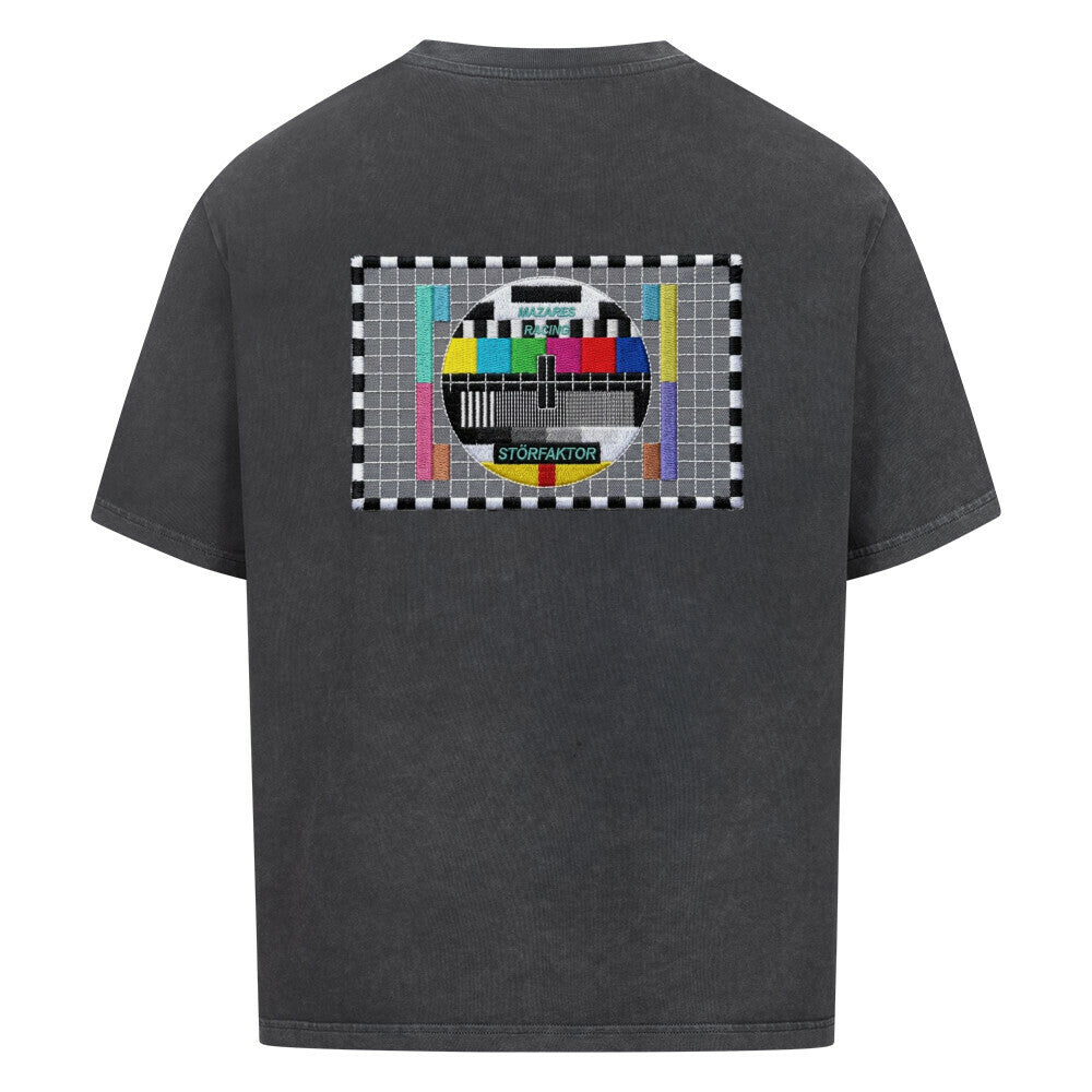 STÖRFAKTOR Motorrad T-Shirt in Washed Black mit großem Retro-Testbild-Design auf dem Rücken. Oversized Streetwear Shirt für Biker und Motorrad-Enthusiasten.
