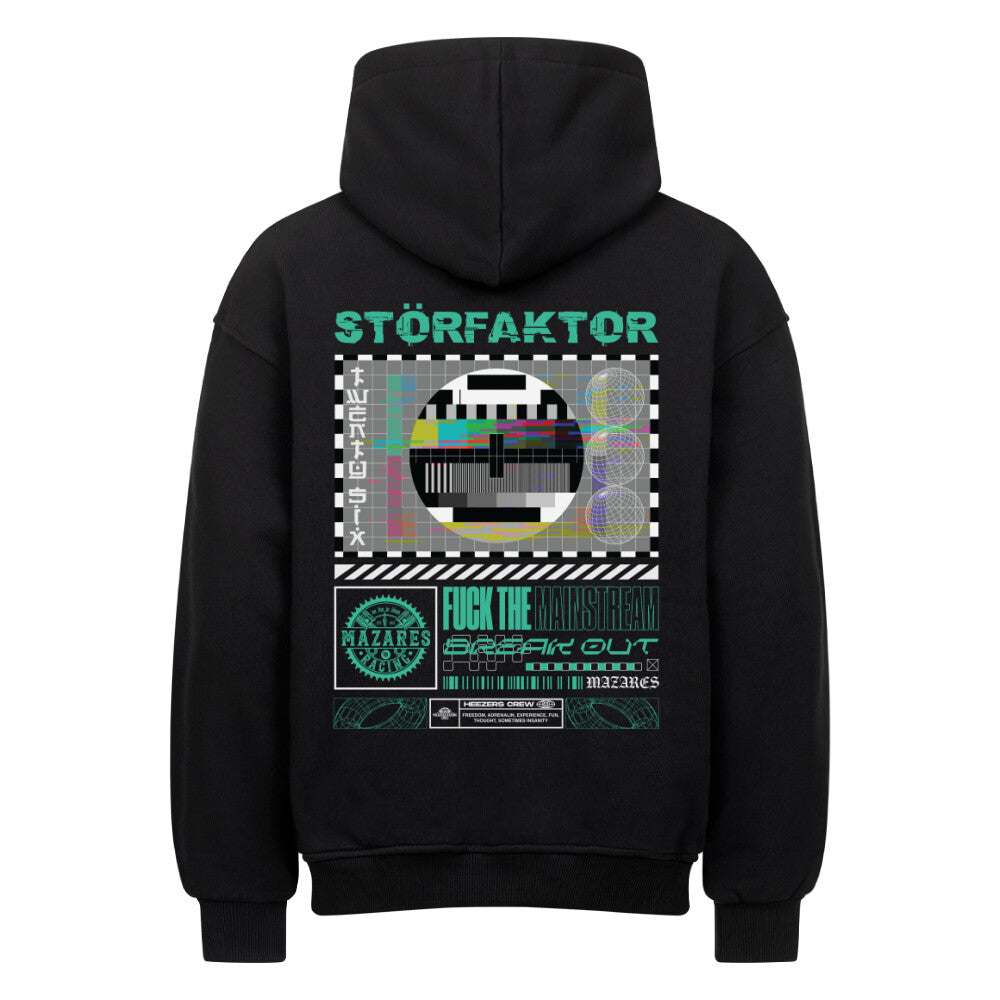 Oversized Hoodie mit großem STÖRFAKTOR Testbild-Rückenprint im Retro-Glitch-Design. Motorrad Streetwear von Mazares Racing für Fahrer mit eigener Linie.