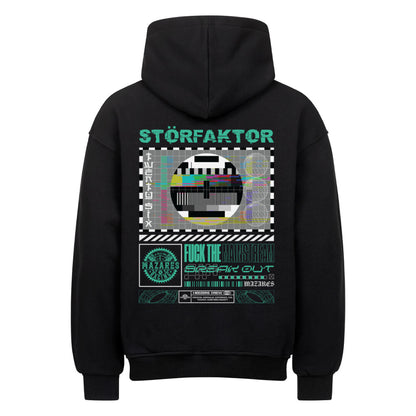 Oversized Hoodie mit großem STÖRFAKTOR Testbild-Rückenprint im Retro-Glitch-Design. Motorrad Streetwear von Mazares Racing für Fahrer mit eigener Linie.