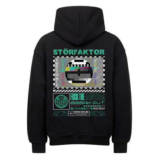 Oversized Hoodie mit großem STÖRFAKTOR Testbild-Rückenprint im Retro-Glitch-Design. Motorrad Streetwear von Mazares Racing für Fahrer mit eigener Linie.