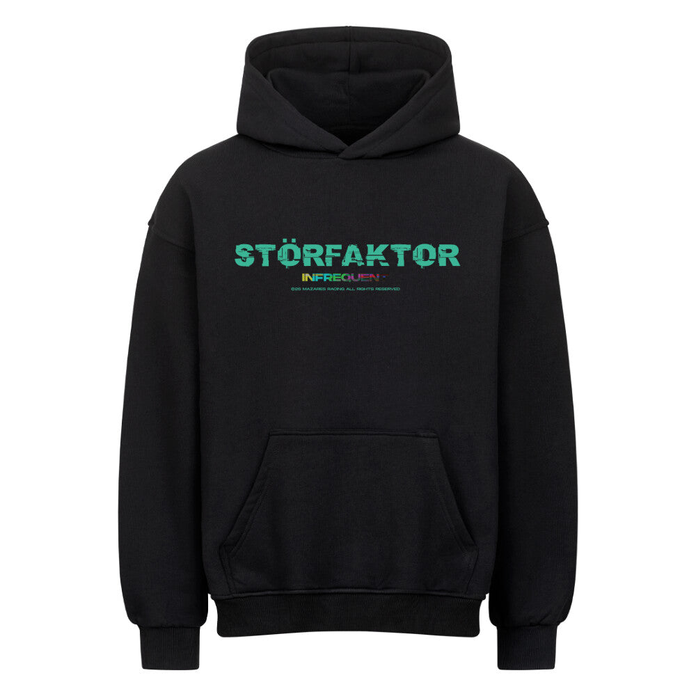 Schwarzer Oversized Motorrad Hoodie mit STÖRFAKTOR Frontprint im Glitch-Stil. Premium Streetwear Hoodie von Mazares Racing mit lässigem Oversized Fit.