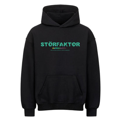 Schwarzer Oversized Motorrad Hoodie mit STÖRFAKTOR Frontprint im Glitch-Stil. Premium Streetwear Hoodie von Mazares Racing mit lässigem Oversized Fit.